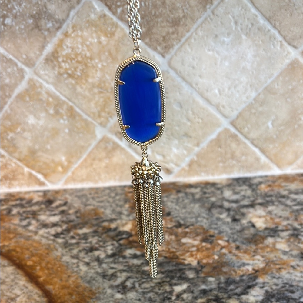 Kendra Scott Rayne Light Gold Long Pendant Tassel Necklace in Cobalt